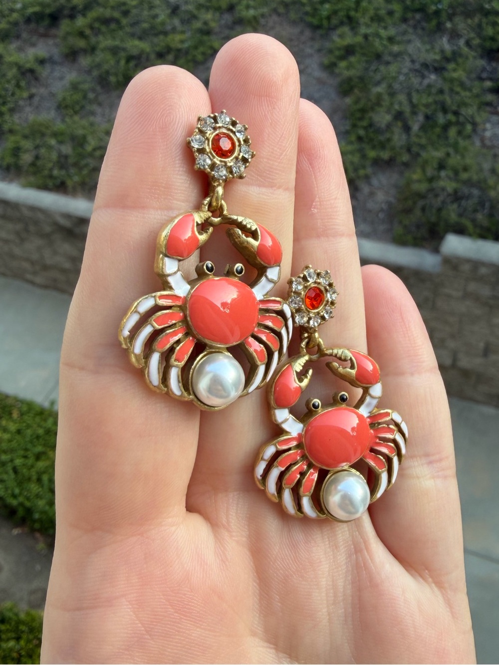 Coral Crab Statement Stud Earrings – Pearl & Crystal Gold Tone Dangle Earrings - Picture 4 of 4